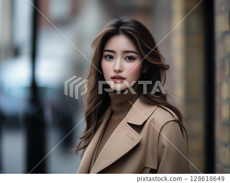 Female model wearing a trench coat 128618649