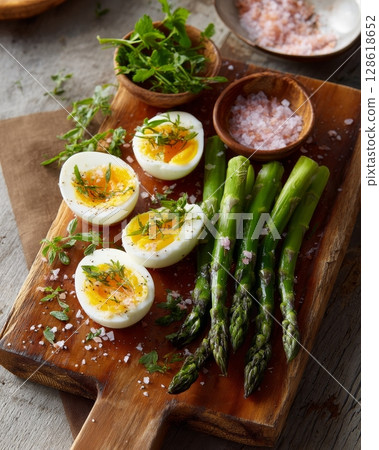Delicious boiled eggs and fresh asparagus on wooden board with herbs and sea salt. 128618652