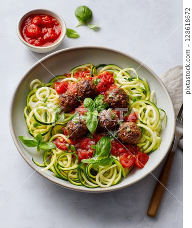 Zucchini noodles with meatballs and tomato sauce garnished with fresh basil. 128618672