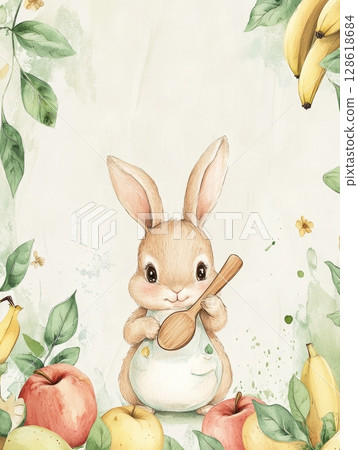 Cute bunny chef with wooden spoon among tropical fruits and leaves. Cute bunny chef with wooden spoon among tropical fruits and leaves. 128618684