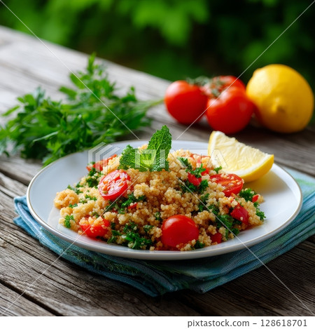 Fresh mediterranean couscous salad with cherry tomatoes and mint on rustic table. 128618701