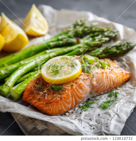 Grilled salmon fillet with asparagus lemon and dill garnish on parchment paper. Grilled salmon fillet with asparagus lemon and dill garnish on parchment paper. 128618732