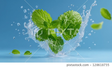 Fresh mint leaves splashing into water on a blue background. Fresh mint leaves splashing into water on a blue background. 128618735