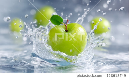 Green apple splashing into water with droplets and ripples. Green apple splashing into water with droplets and ripples. 128618749