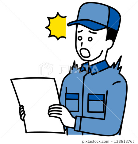 A man in overalls is surprised at the documents 128618765