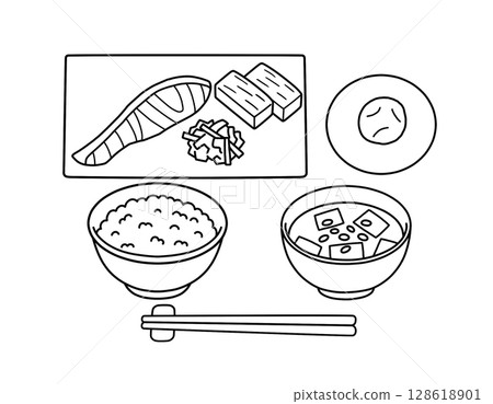 Japanese style breakfast set (salmon and miso soup) line drawing/black and white illustration Japanese style breakfast set (salmon and miso soup) line drawing/black and white illustration 128618901
