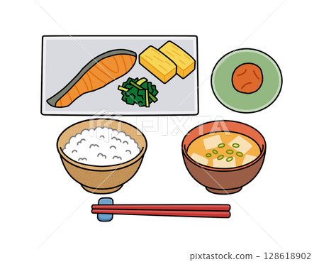 日式早餐套餐（鮭魚味噌湯）彩色插圖 128618902