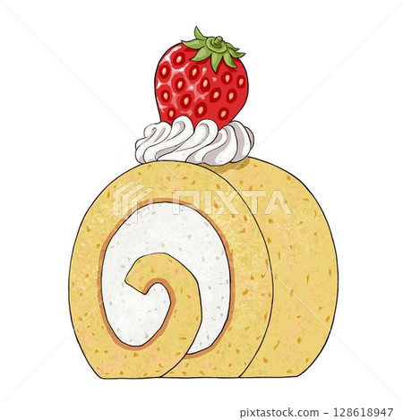 帶有草莓和奶油的可愛蛋糕卷的插圖 128618947