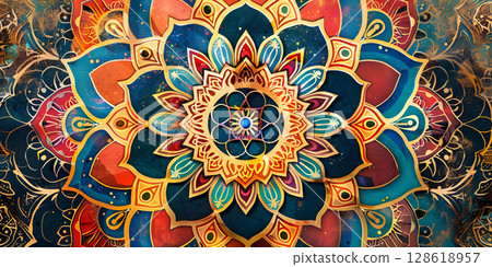 Vintage Vedic: Colorful Mandala Art for an Ancient Background, Ancient Splendor: Mandala Art on Vintage Indian Vedic Background-Ai-generated 128618957