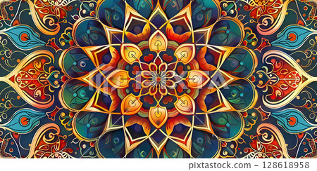 Vintage Vedic: Colorful Mandala Art for an Ancient Background, Ancient Splendor: Mandala Art on Vintage Indian Vedic Background-Ai-generated 128618958
