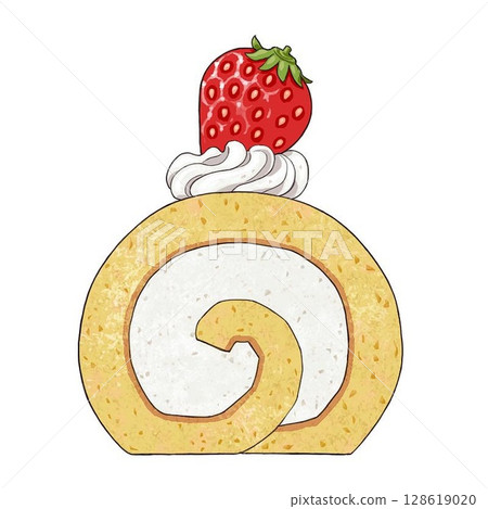 帶有草莓和奶油的可愛蛋糕卷的正面插圖 帶有草莓和奶油的可愛蛋糕卷的正面插圖 128619020