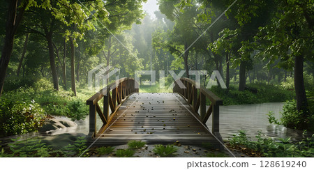 Serene Forest Bridge Landscape Background, Tranquil Wooden Bridge in the Forest, Forest Bridge Spanning Through Lush Trees - Ai Generated 128619240