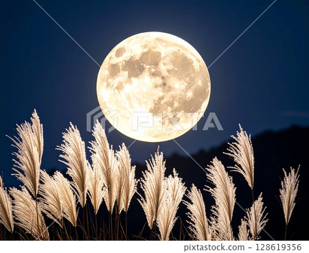 A golden full moon and twilight silver grass fields: long autumn nights in Japan 128619356
