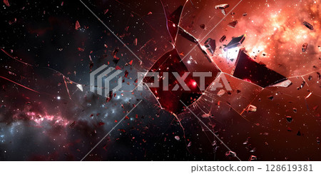 Cosmic Shattered Panes: Exploring Cracked Glass in Space, Fractured Universe: Journey through Cracked Glass in Space, Galactic Fissures: The Enigmatic Beauty of Cracked Glass in Space - Ai Generated 128619381