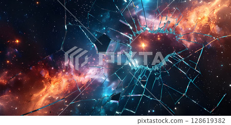 Cosmic Shattered Panes: Exploring Cracked Glass in Space, Fractured Universe: Journey through Cracked Glass in Space, Galactic Fissures: The Enigmatic Beauty of Cracked Glass in Space - Ai Generated 128619382