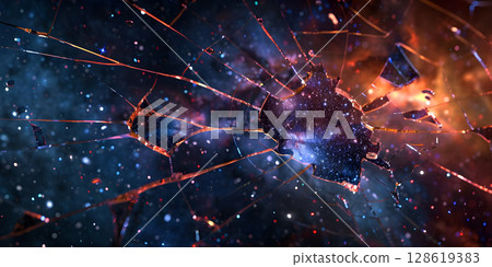 Cosmic Shattered Panes: Exploring Cracked Glass in Space, Fractured Universe: Journey through Cracked Glass in Space, Galactic Fissures: The Enigmatic Beauty of Cracked Glass in Space - Ai Generated 128619383