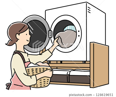 A mother taking out laundry from the ventilation fan 128619651