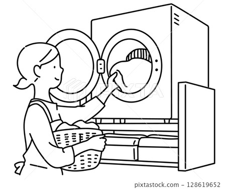 Mother taking out laundry from the ventilation fan_Line drawing 128619652