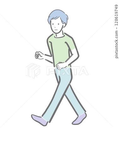 淺色插畫，描繪一位身穿短袖 T 卹、面無表情地走路的年輕男子 128619749