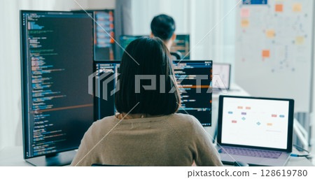 Group Adult Asia male, female freelance typing write prompt AI bot IT app smart program nomad, video game, terminal with coding language, user interface, designer, big data center on desktop computer. 128619780