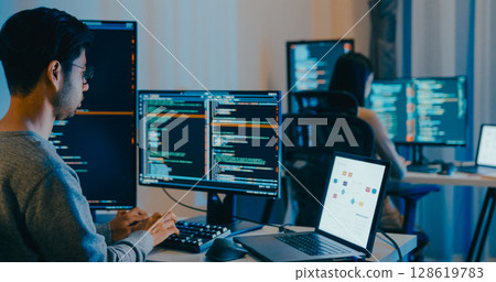 Group Adult Asia male, female freelance typing write prompt AI bot IT app smart program nomad, video game, terminal with coding language, designer, big data center on desktop computer in night office. 128619783