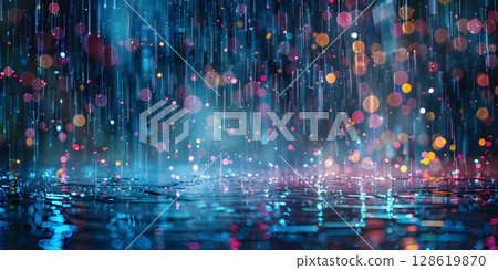 Digital Downpour: Pixel Rain Background, Pixelated Precipitation: Rain in Pixel Form as Background - Ai Generated 128619870