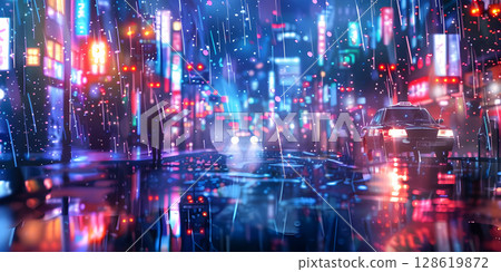 Digital Downpour: Pixel Rain Background, Pixelated Precipitation: Rain in Pixel Form as Background - Ai Generated 128619872