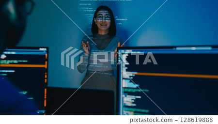Group adult Asia female software developer mentor leader manager talk strategy plan to executive write prompt AI bot IT app program nomad, video game, designer, data center. Projecting slideshow code. 128619888
