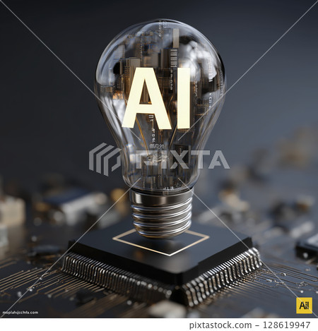 Light bulb with letters AI inside floating above circuit board and microchip, symbolizing artificial intelligence and technology innovation, with modern and futuristic design 128619947