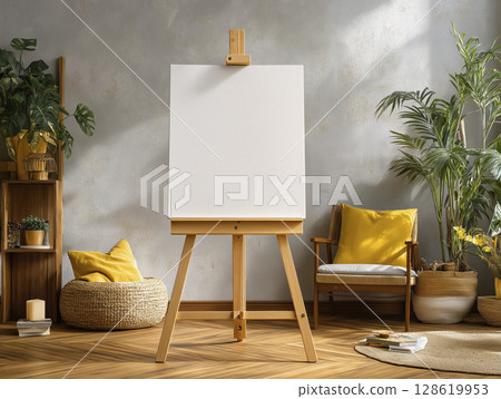Cozy and stylish interior space with empty canvas wooden easel, surrounded by plants, woven pouf with yellow pillow, wooden chair with yellow cushion, and decorative items creating warm atmosphere 128619953