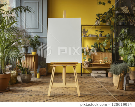 Blank white canvas on wooden easel in cozy indoor space filled with green plants and natural light, creating calm and inspiring atmosphere for art or creativity 128619954