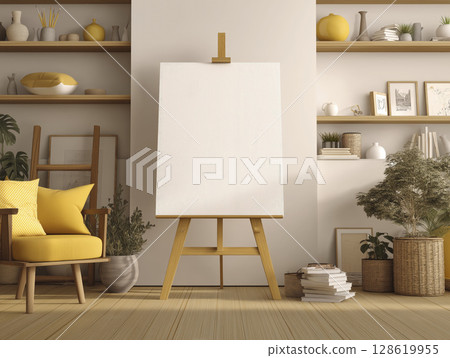 Bright, cozy room with blank canvas on easel, surrounded by shelves with decorative items, plants, and framed pictures, creating inviting space for creativity and relaxation 128619955