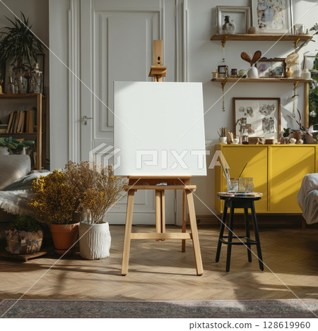 Blank white canvas on wooden easel in cozy, well decorated room with plants, shelves, and yellow cabinet, ready for painting or creative work 128619960