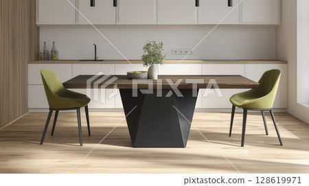 Modern dining room with dark wood table and two green upholstered chairs, minimalist kitchen background with white cabinets and wooden accents, natural light, contemporary interior design Modern dining room with dark wood table and two green upholstered chairs, minimalist kitchen background with white cabinets and wooden accents, natural light, contemporary interior design 128619971