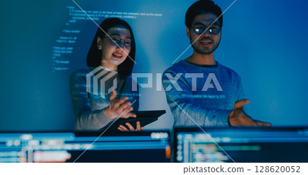 Group adult Asia male female software developers mentor leader manager talk strategy plan to executive write prompt AI bot IT app program nomad, video game, data center. Projecting slideshow code. 128620052