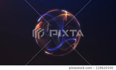 Glowing abstract sphere made of vibrant orange and blue light trails. Ideal for sci-fi, tech, or energy-themed projects and designs. 128620100