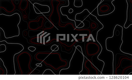 Stylized abstract topography map with black base and red-white contour lines. Suitable for design, mapping, or tech-style visuals. Stylized abstract topography map with black base and red-white contour lines. Suitable for design, mapping, or tech-style visuals. 128620104