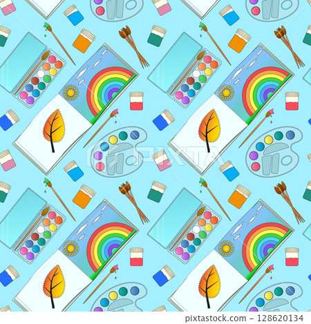 Seamless pattern with vector illustration painting supplies, sketchbooks, rainbows, and color palettes on blue background. For back to school theme, stationery design, textile print, wrapping paper. 128620134
