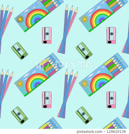 Seamless pattern with colored pencils, sharpeners, and rainbow themed packaging on blue background. For back to school theme, school supplies or stationery design, textile print, and wrapping paper. Seamless pattern with colored pencils, sharpeners, and rainbow themed packaging on blue background. For back to school theme, school supplies or stationery design, textile print, and wrapping paper. 128620136