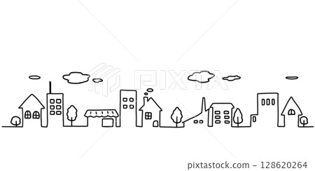 Simple hand-drawn line illustration of a cityscape in black and white 128620264