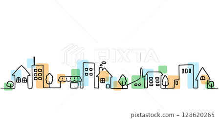 簡單的手繪線條彩色城市景觀插圖 128620265