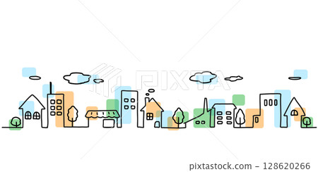 簡單的手繪線條彩色城市景觀插圖 128620266