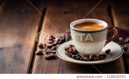 舊木桌上的濃縮咖啡和咖啡豆 128620541