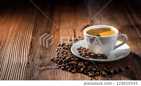 舊木桌上的濃縮咖啡和咖啡豆 128620543