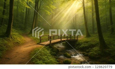 Light shining through the forest and a wooden bridge 128620779