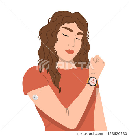 Young woman shows smart watch application measuring glucose level. Young woman shows smart watch application measuring glucose level. 128620780