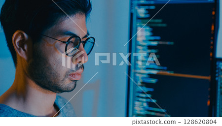 Closeup young adult Asia male freelance typing write prompt AI bot IT app smart program nomad, video game, terminal with coding language, designer, big data center on desktop computer in night office. Closeup young adult Asia male freelance typing write prompt AI bot IT app smart program nomad, video game, terminal with coding language, designer, big data center on desktop computer in night office. 128620804