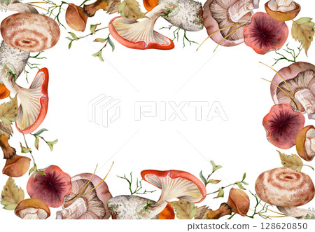 Bolete cep russula suillus mushroom fungi with leaves twigs pine needles. Watercolor hand drawn border frame. Autumn forest harvest, vegan cooking edible raw ingredient. Menu scrapbooking stationery 128620850
