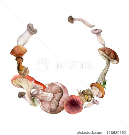 Bolete cep russula suillus oyster mushroom fungi. Wreath frame hand drawn in watercolor. Autumn forest harvest, edible raw ingredient for vegan cooking. Label tag menu recipe cards, stationery accent 128620863