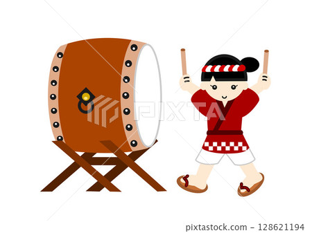 Illustration of a girl wearing a happi coat playing a drum Illustration of a girl wearing a happi coat playing a drum 128621194